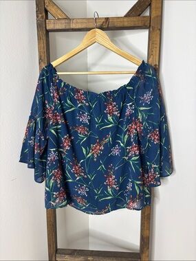 Wayf Navy Floral Off-the-Shoulder Top Size M